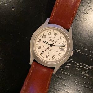 Vintage Merit unisex quartz watch. Brown leather band. Military style with Date.